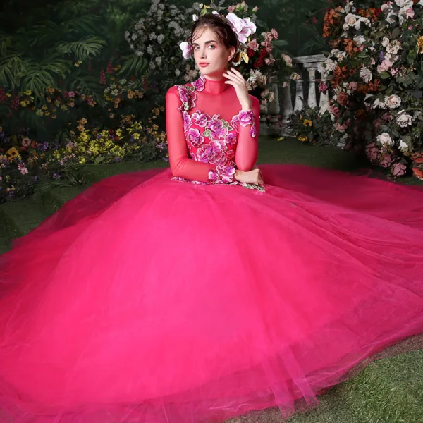 Traditionnel Fushia Robe De Bal 2018 Robe Boule Cristal Perle Brodé Col Haut Dos Nu Manches Longues Train De Balayage Robe De Ceremonie