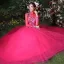 Traditionnel Fushia Robe De Bal 2018 Robe Boule Cristal Perle Brodé Col Haut Dos Nu Manches Longues Train De Balayage Robe De Ceremonie