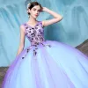 Vintage / Retro Quinceañera Lavender Prom Dresses 2018 Ball Gown Appliques Lace V-Neck Backless Sleeveless Floor-Length / Long Formal Dresses