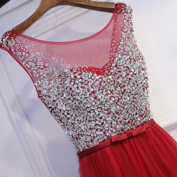 Sparkly Red Formal Dresses Evening Dresses  2017 Sequins Bow Backless Scoop Neck Sleeveless Ankle Length Empire