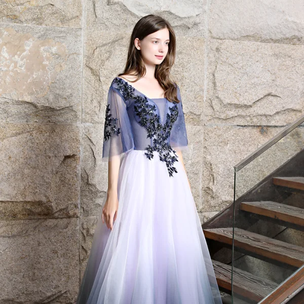 Chic / Beautiful Navy Blue Evening Dresses  2018 A-Line / Princess Appliques Lace Sequins Square Neckline Backless 3/4 Sleeve Floor-Length / Long Formal Dresses