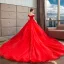 Modern / Fashion Red Wedding Dresses 2018 Ball Gown Beading Lace Sequins Off-The-Shoulder Backless Short Sleeve Royal Train Wedding