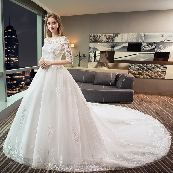 Moderne / Mode Rouge Robe De Mariée 2018 Princesse Appliques En Dentelle Cristal Encolure Dégagée 3/4 Manches Royal Train Mariage