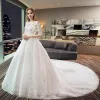 Modern / Fashion Red Wedding Dresses 2018 A-Line / Princess Appliques Lace Crystal Scoop Neck 3/4 Sleeve Royal Train Wedding