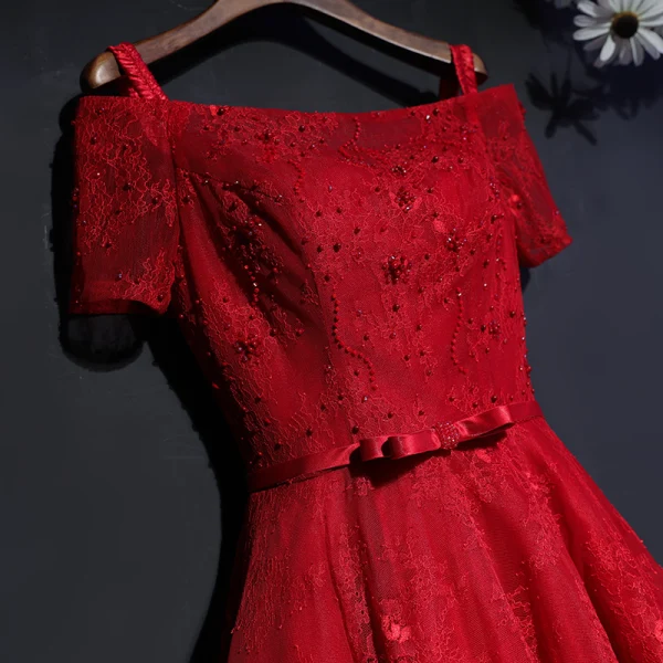 Chic / Beautiful Red Formal Dresses Evening Dresses  2017 Lace Flower Bow Sequins Square Neckline Short Sleeve Ankle Length A-Line / Princess