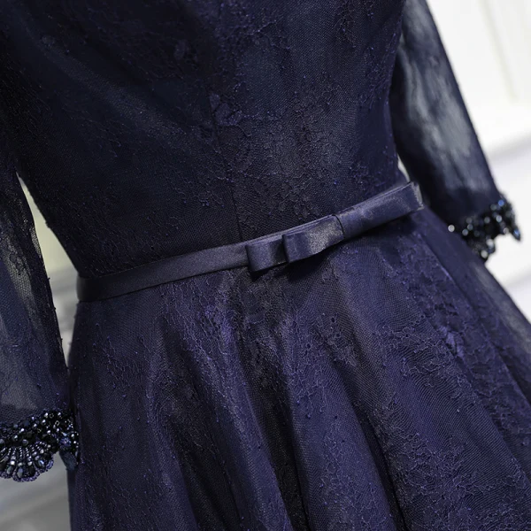 Chic / Belle Bleu Marine Robe De Ceremonie 2017 En Dentelle Fleur Paillettes Noeud Encolure Dégagée 3/4 Manches Longueur Cheville Princesse Robe De Soirée