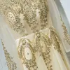 Chic / Belle Dorés Robe De Ceremonie Robe De Soirée 2017 En Dentelle Fleur Paillettes Perle Longueur Cheville Encolure Dégagée Manches Longues Princesse