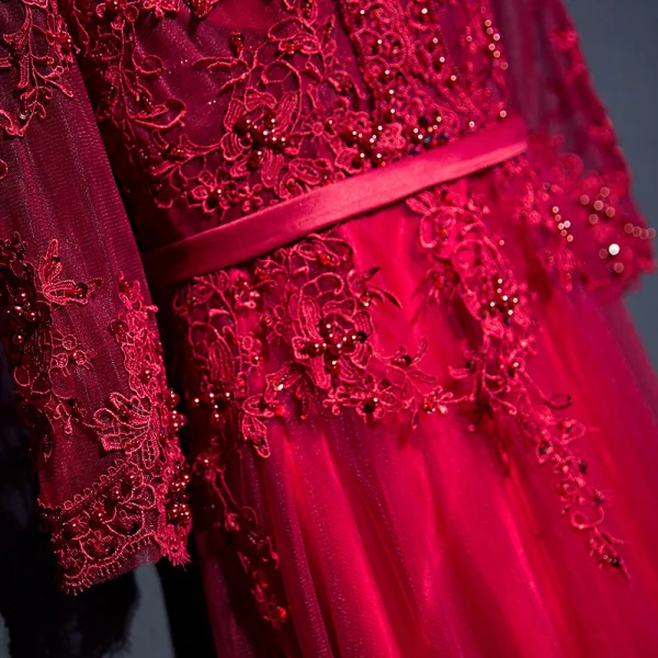 Chic / Beautiful Red Formal Dresses Evening Dresses 2017 Lace Flower Sequins Pearl 3/4 Sleeve V-Neck Ankle Length A-Line / Princess