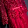 Chic / Beautiful Red Formal Dresses Evening Dresses  2017 Lace Flower Sequins Pearl 3/4 Sleeve V-Neck Ankle Length A-Line / Princess