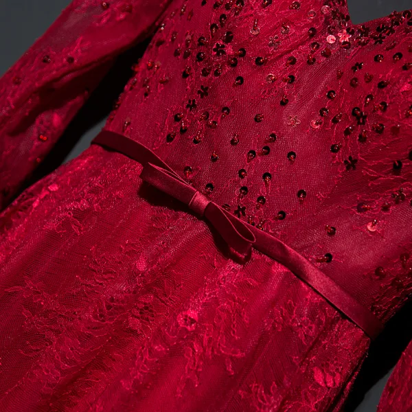 Chic / Belle Rouge Robe De Ceremonie Robe De Soirée 2017 Dentelle Paillettes Noeud Dos Nu Longueur Cheville V-Cou 3/4 Manches Princesse