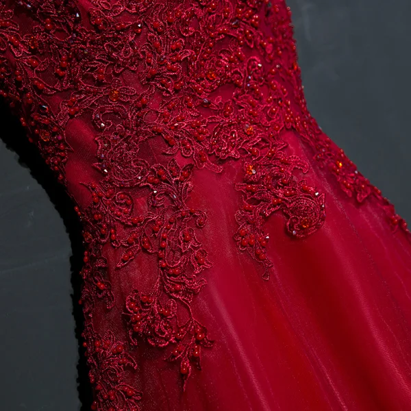 Chic / Belle Rouge Robe De Ceremonie Robe De Soirée 2017 En Dentelle Fleur Paillettes Perle Encolure Dégagée Manches Courtes Princesse