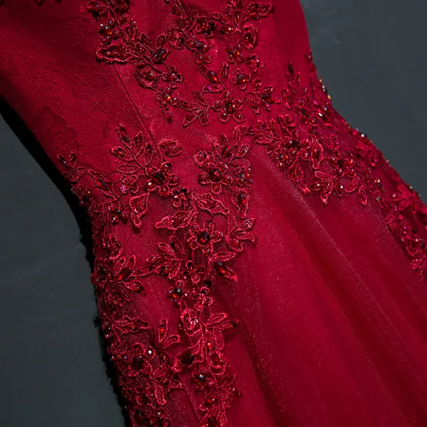 Chic / Beautiful Red Formal Dresses Evening Dresses  2017 Lace Flower Sleeveless Square Neckline A-Line / Princess