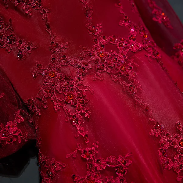 Chic / Beautiful Red Formal Dresses Evening Dresses 2017 Lace Flower Sequins Off-The-Shoulder 1/2 Sleeves Ankle Length A-Line / Princess