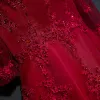 Chic / Beautiful Red Formal Dresses Evening Dresses  2017 Lace Flower Sequins Off-The-Shoulder 1/2 Sleeves Ankle Length A-Line / Princess