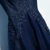 Klasyczna Granatowe Sukienki Wizytowe 2017 Z Koronki Koronkowe Kwiat Cekiny Bez Rękawów Princessa Sukienki Wieczorowe