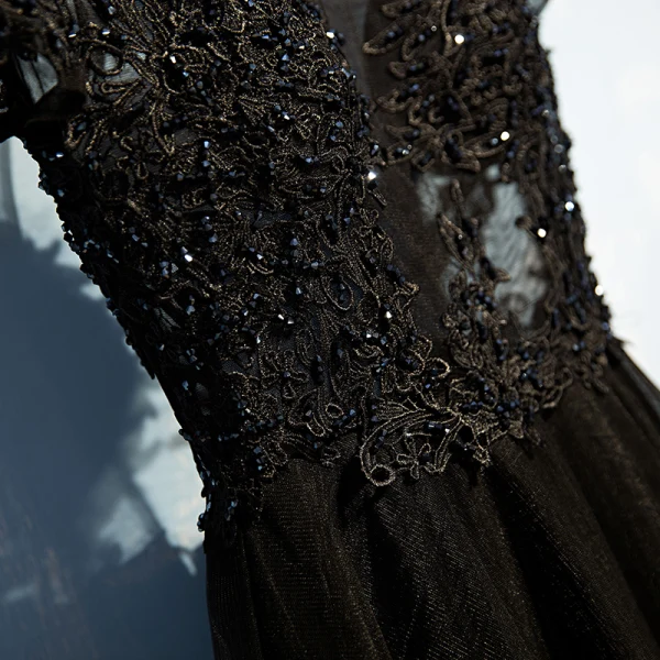 Elegant Black Formal Dresses 2017 Lace Flower Sequins Backless Ankle Length Short Sleeve A-Line / Princess Evening Dresses