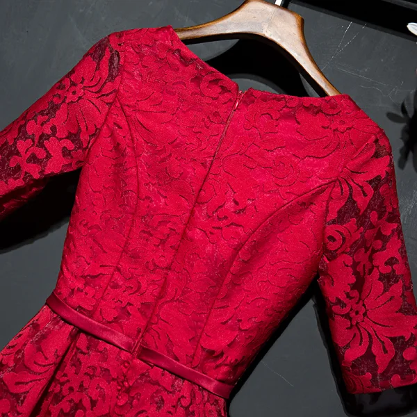 Chic / Belle Rouge Robe De Ceremonie 2017 En Dentelle Fleur Encolure Dégagée 1/2 Manches Longueur Cheville Princesse Robe De Soirée