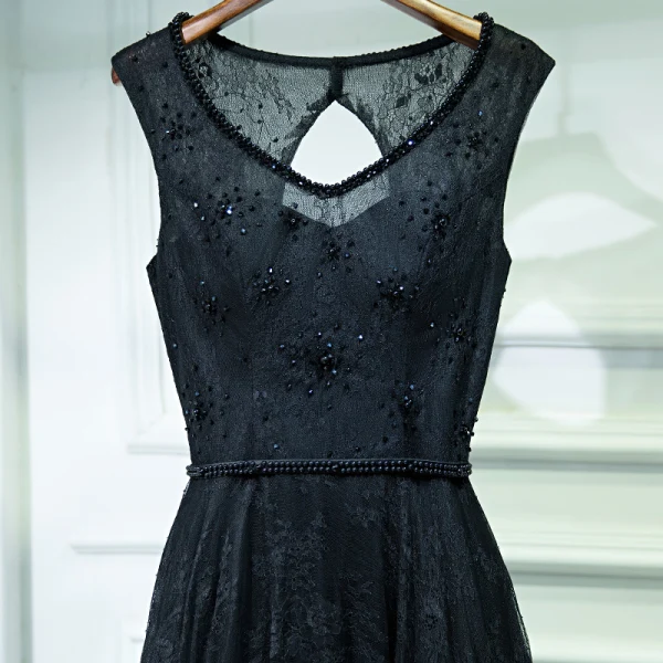 Black Elegant Formal Dresses Lace Flower Strappy Sequins Ankle Length V-Neck Sleeveless Ball Gown A-Line / Princess 2017 Evening Dresses