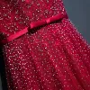 Sparkly Red Evening Dresses  2017 Lace Flower Sequins Scoop Neck Sleeveless Ankle Length Empire Formal Dresses