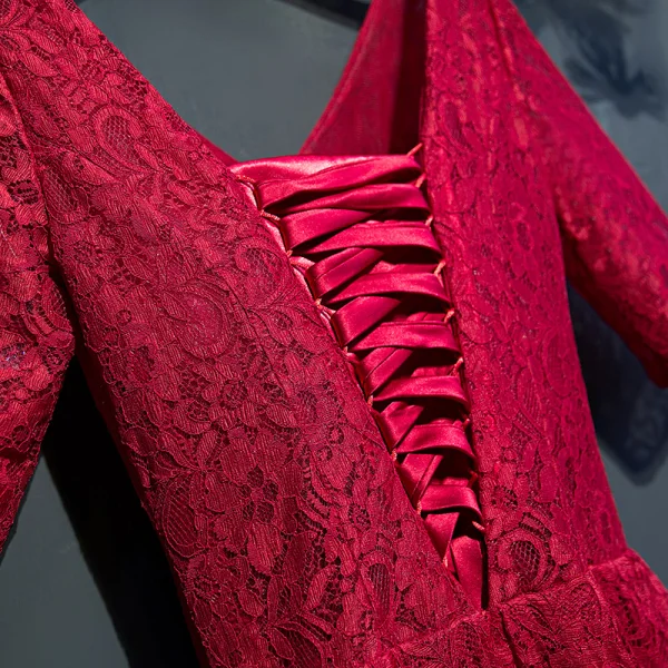 Chic / Belle Rouge Robe De Ceremonie 2017 En Dentelle Fleur Dos Nu 1/2 Manches V-Cou Longueur Cheville Empire Robe De Soirée
