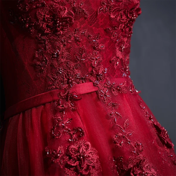 Chic / Beautiful Red Formal Dresses Evening Dresses 2017 Lace Flower Strappy Sequins Square Neckline Short Sleeve Empire