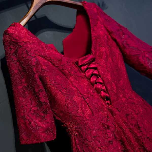 Chic / Belle Rouge Robe De Ceremonie 2017 Princesse En Dentelle Fleur Perlage Encolure Dégagée 1/2 Manches Longueur Cheville Robe De Soirée
