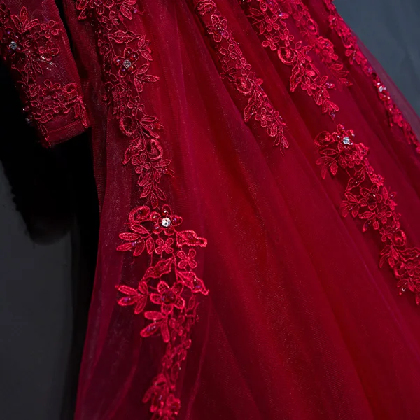 Chic / Belle Rouge Robe De Ceremonie 2017 Princesse Dentelle Fleur Perlage Cristal Encolure Dégagée Manches Longues Longue Robe De Soirée