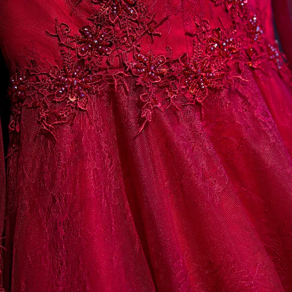 Chic / Belle Rouge Robe De Ceremonie 2017 Fleur Dentelle Perlage 3/4 Manches Longue Princesse Robe De Soirée
