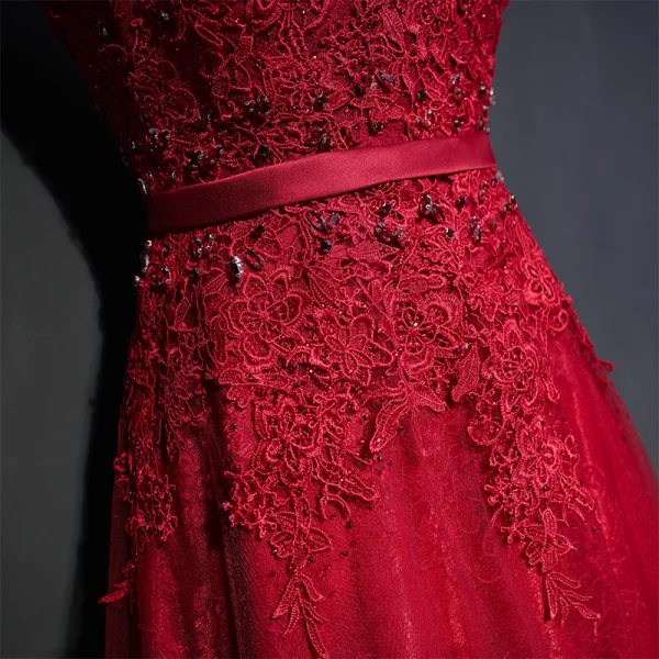 Chic / Beautiful Red Formal Dresses 2017 Lace Flower Sequins Pearl V-Neck Sleeveless Floor-Length / Long Empire Evening Dresses