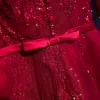 Hermoso Rojo Vestidos de graduación 2017 A-Line / Princess Con Encaje Flor Rebordear Bowknot Lentejuelas Cuello Alto 1/2 Ærmer Cortos Vestidos Formales