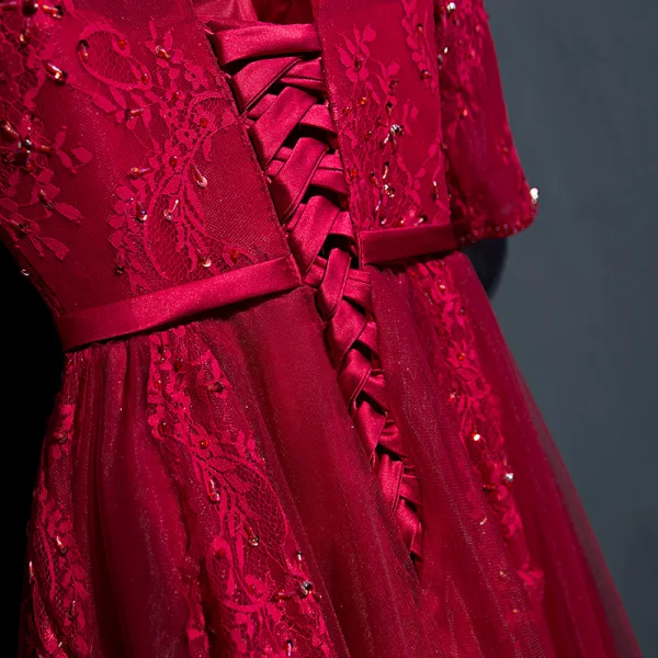 Chic / Belle Rouge Robe De Ceremonie Robe De Soirée 2017 En Dentelle Fleur Noeud Paillettes Col Haut 1/2 Manches Longueur Cheville Princesse
