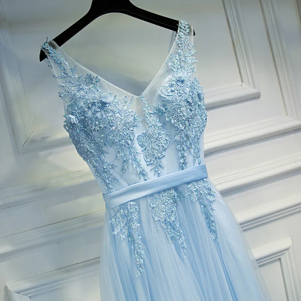 Elegant Sky Blue Bridesmaid Dresses 2017 A-Line / Princess Lace Flower Beading Backless V-Neck Sleeveless Ankle Length Wedding Party Dresses