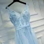 Elegant Sky Blue Bridesmaid Dresses 2017 A-Line / Princess Lace Flower Beading Backless V-Neck Sleeveless Ankle Length Wedding Party Dresses
