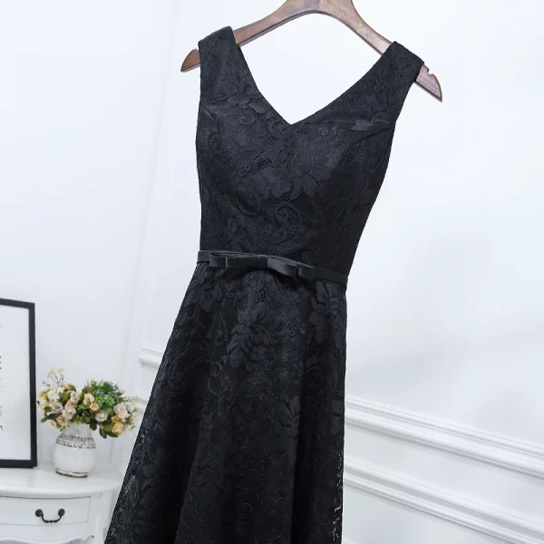 Classic Black Formal Dresses 2017 A-Line / Princess Lace Flower Bow V-Neck Sleeveless Floor-Length / Long Evening Dresses