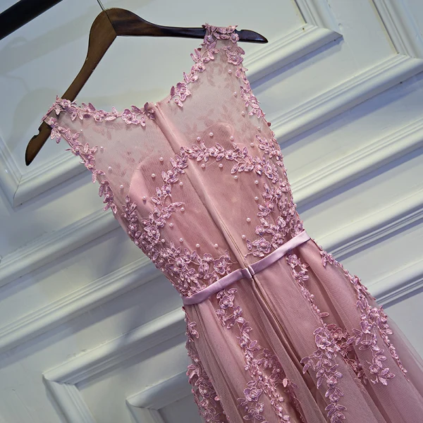 Modest / Simple Candy Pink Bridesmaid Dresses 2017 A-Line / Princess Lace Flower Beading Scoop Neck Sleeveless Short Wedding Party Dresses