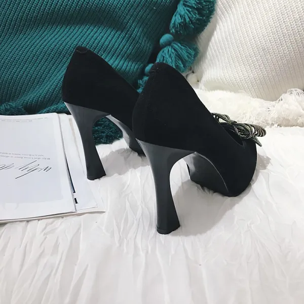 Chic / Beautiful Black Prom Pumps 2021 Leather Rhinestone Bow 10 cm Stiletto Heels Pointed Toe Pumps High Heels
