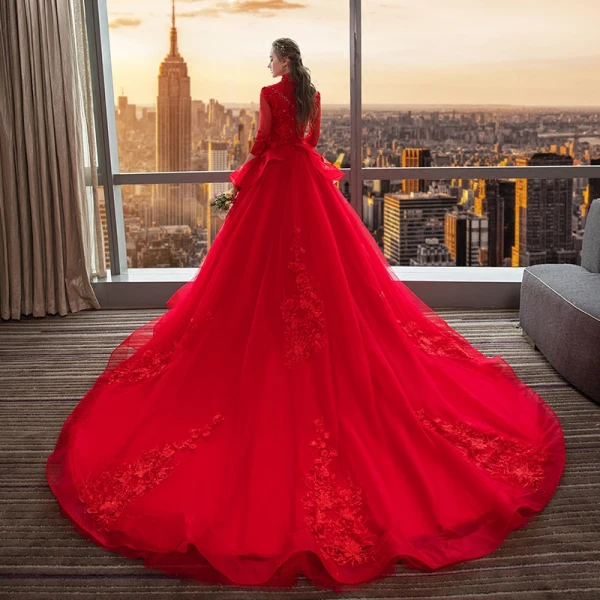 Wedding Dresses Red Zipper Up Appliques Crystal Flower Lace Cathedral Train Lace Tulle High Neck Wedding Fall Spring Summer 3/4 Sleeve Chic / Beautiful Ball Gown 2018
