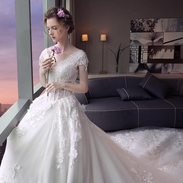 Luxury / Gorgeous Ivory Wedding Dresses 2018 Ball Gown Appliques Lace Flower Sequins V-Neck Backless Short Sleeve Royal Train Wedding