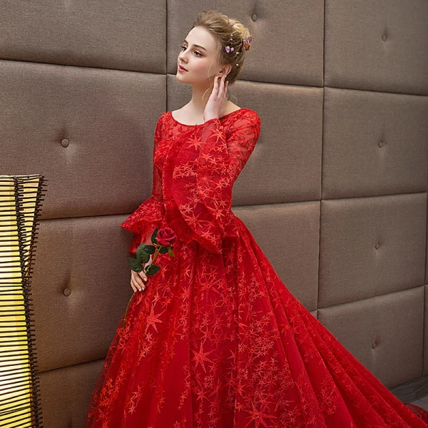 Schöne Rot Brautkleider 2018 Ballkleid Star Rundhalsausschnitt Lange Ärmel Rückenfreies Kathedrale Schleppe Hochzeit