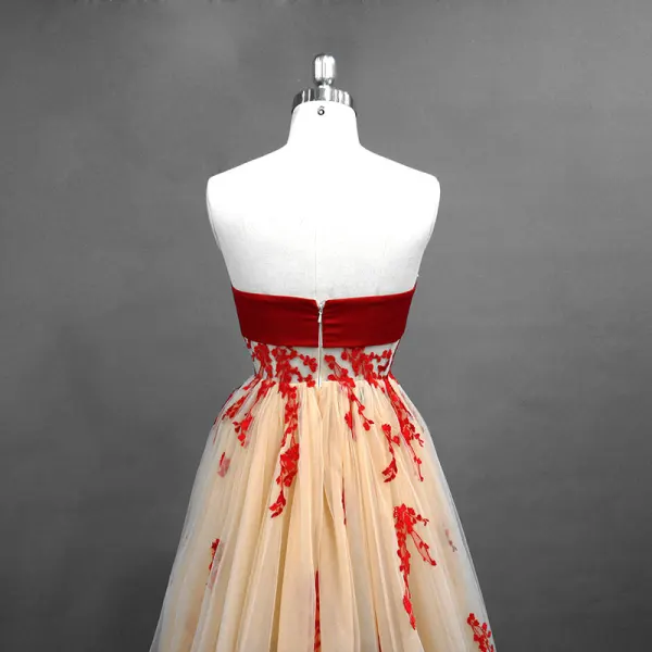Chic / Belle Champagne Robe De Bal 2018 Princesse En Dentelle Fleur Noeud Bustier Dos Nu Sans Manches Train De Balayage Robe De Ceremonie