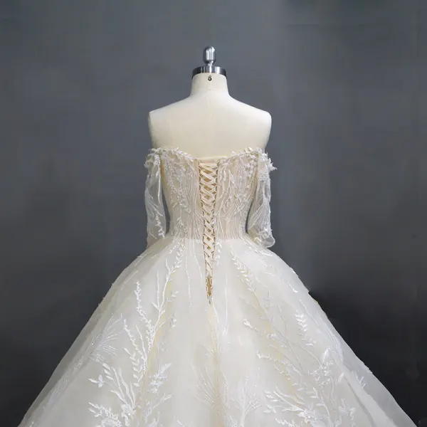 Luxury / Gorgeous Champagne Wedding Dresses 2018 Ball Gown Lace Flower Beading Sequins Strapless Short Sleeve Backless Royal Train Wedding