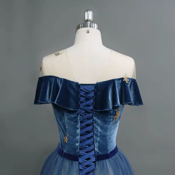 Modern / Fashion Navy Blue Evening Dresses 2018 A-Line / Princess Star Suede Bow Scoop Neck Short Sleeve Floor-Length / Long Formal Dresses