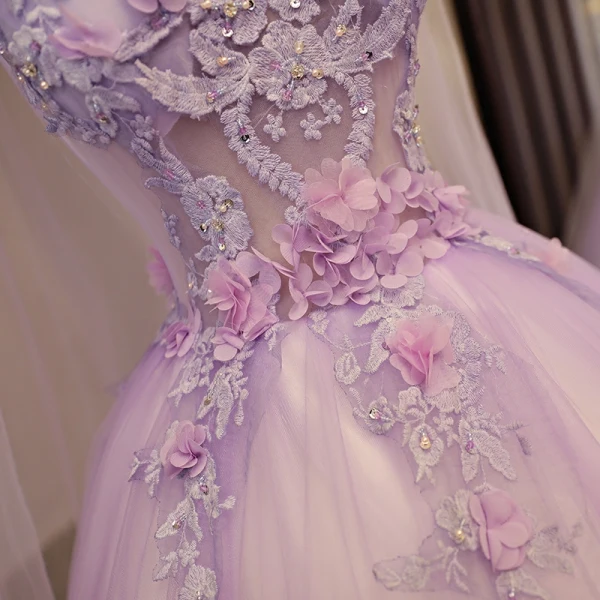 Elegant Lavender Prom Dresses 2018 Ball Gown Appliques Lace Flower Beading Pearl Sequins Scoop Neck Backless Sleeveless Watteau Train
