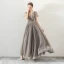 Modern / Fashion Champagne Black Prom Dresses 2018 A-Line / Princess Sequins Lace Flower V-Neck Short Sleeve Backless Ankle Length Formal Dresses