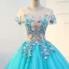 Traditional Jade Green Prom Dresses 2018 Ball Gown Appliques Lace Flower Pearl Scoop Neck Short Sleeve Floor-Length / Long Formal Dresses