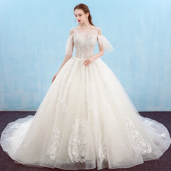 Elegant Ivory Wedding Dresses 2018 Ball Gown Beading Sequins Crystal Lace Flower Scoop Neck Backless Sleeveless Cathedral Train Wedding