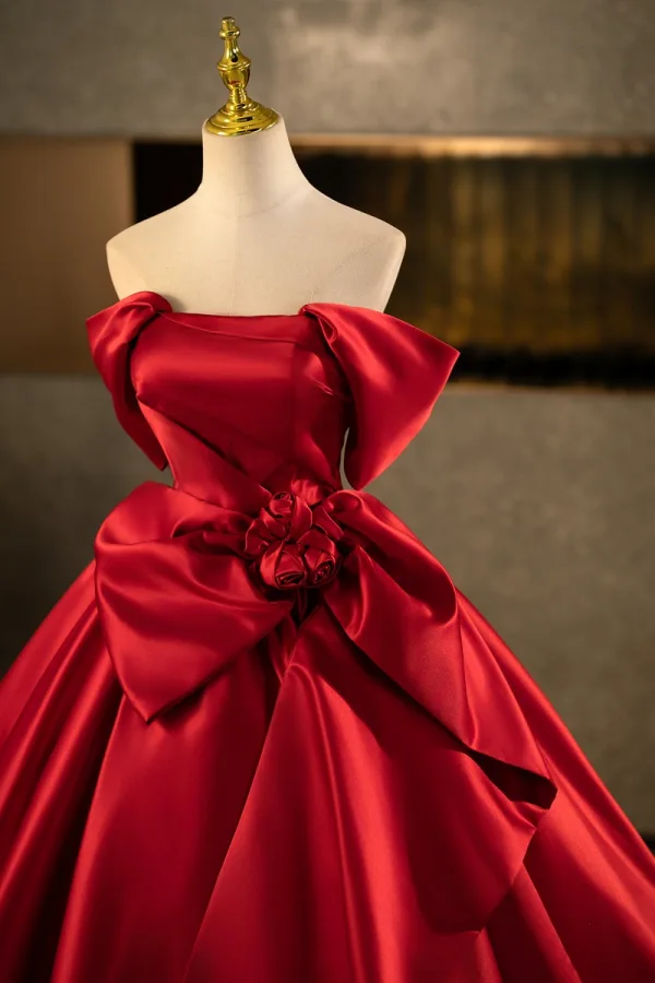 Elegant Burgundy Prom Dresses 2025 Ball Gown Off-The-Shoulder Bow Short Sleeve Backless Floor-Length / Long Formal Dresses