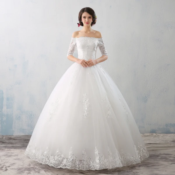 Amazing / Unique Formal Dresses 2017 Ball Gown Lace Flower Backless Off-The-Shoulder 1/2 Sleeves Floor-Length / Long Prom Dresses