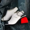 Schöne Weiß Sandalen Damen 2017 Handgefertigt Leder Thick Heels Mid Heel Peeptoes Sandaletten