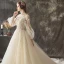 Charming Champagne Wedding Dresses 2018 A-Line / Princess Lace Flower Appliques Pearl Scoop Neck Long Sleeve Backless Cathedral Train Wedding